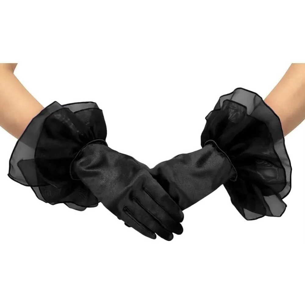 Women's Ruffled Evening Short Satin Formal Gloves Black Costume Accessories